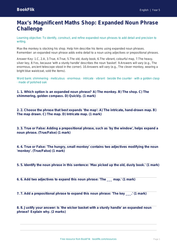 Free Expanded Noun Phrases Quiz | Year 5 Greater Depth | BookFlik worksheet preview — English Expanded Noun Phrases