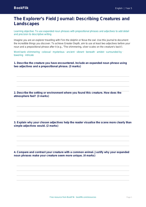 Free Expanded Noun Phrases Template | Year 5 Greater Depth | BookFlik worksheet preview — English Expanded Noun Phrases