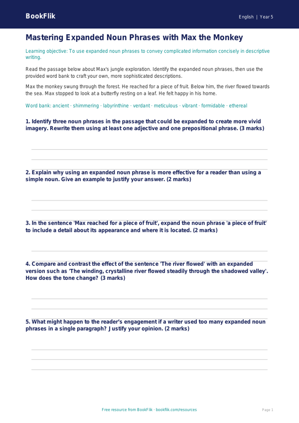 Free Expanded Noun Phrases Track Sheet | Year 5 Greater Depth | BookFlik worksheet preview — English Expanded Noun Phrases