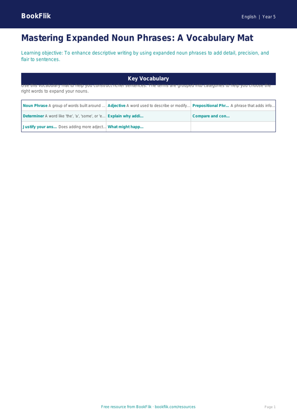 Free Expanded Noun Phrases Word Mat | Year 5 Greater Depth | BookFlik worksheet preview — English Expanded Noun Phrases