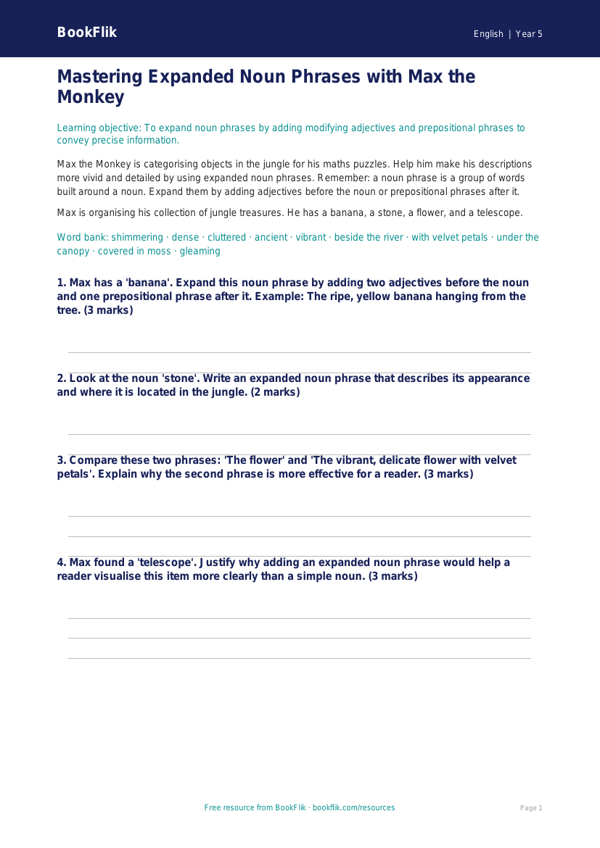 Free Expanded Noun Phrases Worksheet | Year 5 Greater Depth | BookFlik worksheet preview — English Expanded Noun Phrases