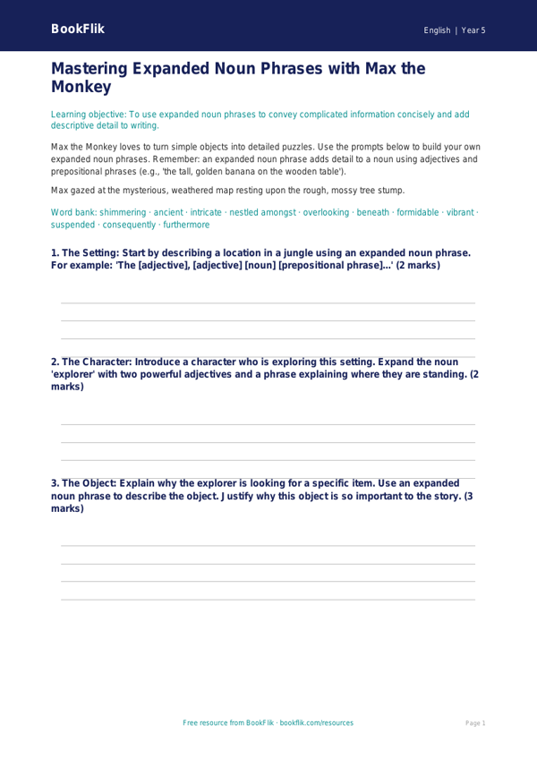Free Expanded Noun Phrases Writing Frame | Year 5 Greater Depth | BookFlik worksheet preview — English Expanded Noun Phrases