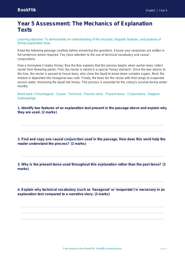 Free Explanation Texts Assessment | Year 5 Greater Depth | BookFlik worksheet preview — English Explanation Texts