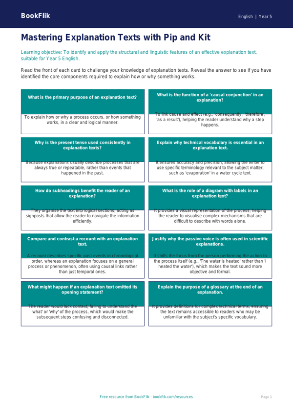 Free Explanation Texts Flashcards | Year 5 Greater Depth | BookFlik worksheet preview — English Explanation Texts