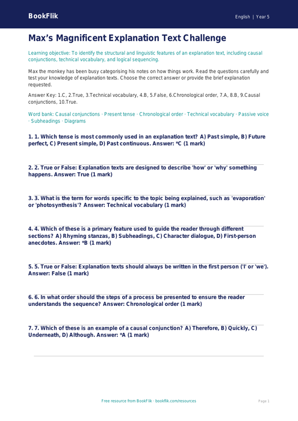 Free Explanation Texts Quiz | Year 5 Greater Depth | BookFlik worksheet preview — English Explanation Texts