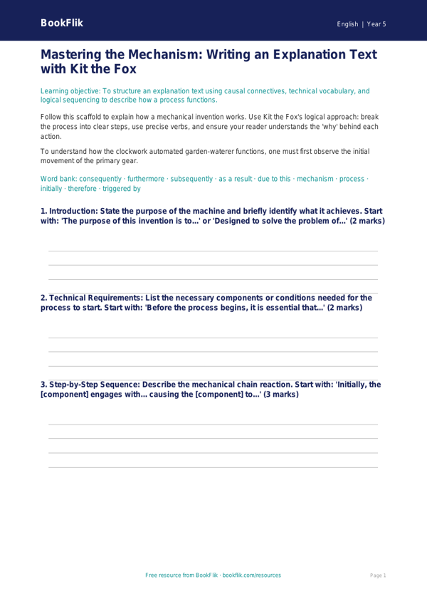 Free Explanation Texts Writing Frame | Year 5 Greater Depth | BookFlik worksheet preview — English Explanation Texts