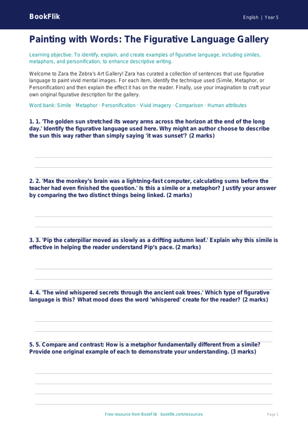 Free Figurative Language Activity Sheet | Year 5 Greater Depth | BookFlik worksheet preview — English Figurative Language