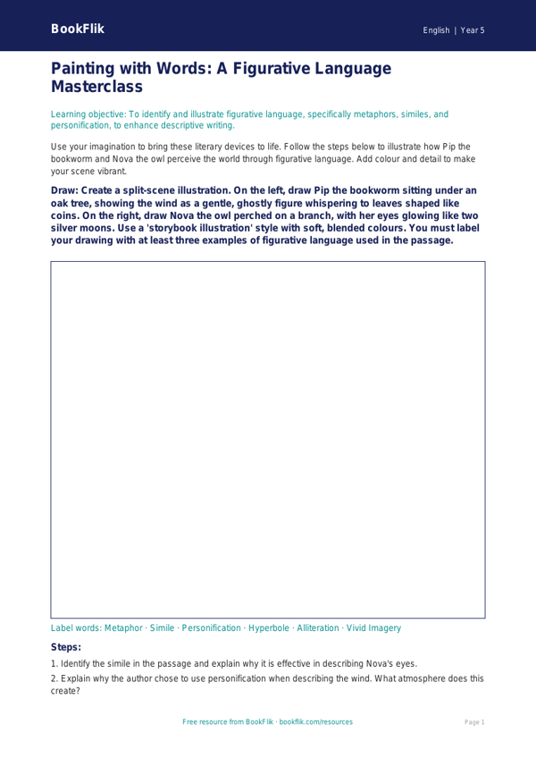 Free Figurative Language Drawing Sheet | Year 5 Greater Depth | BookFlik worksheet preview — English Figurative Language