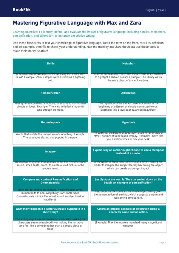 Free Figurative Language Flashcards | Year 5 Greater Depth | BookFlik worksheet preview — English Figurative Language