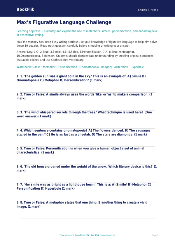 Free Figurative Language Quiz | Year 5 Greater Depth | BookFlik worksheet preview — English Figurative Language