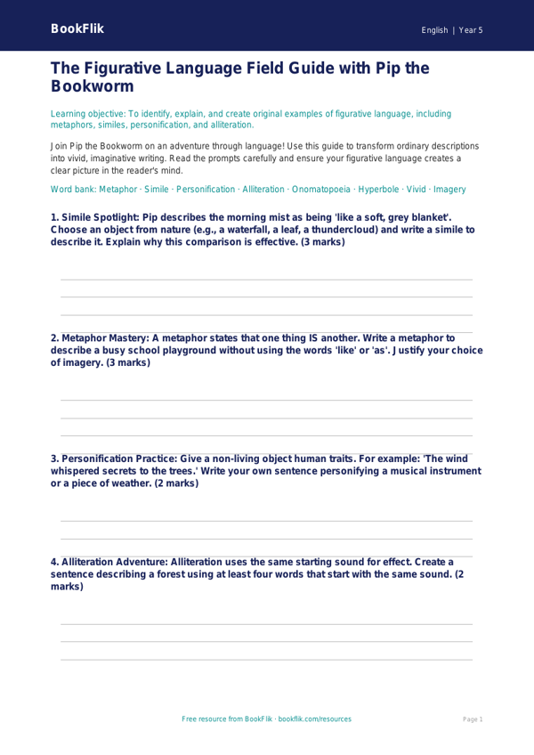 Free Figurative Language Template | Year 5 Greater Depth | BookFlik worksheet preview — English Figurative Language