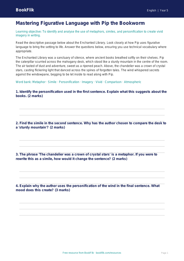 Free Figurative Language Track Sheet | Year 5 Greater Depth | BookFlik worksheet preview — English Figurative Language