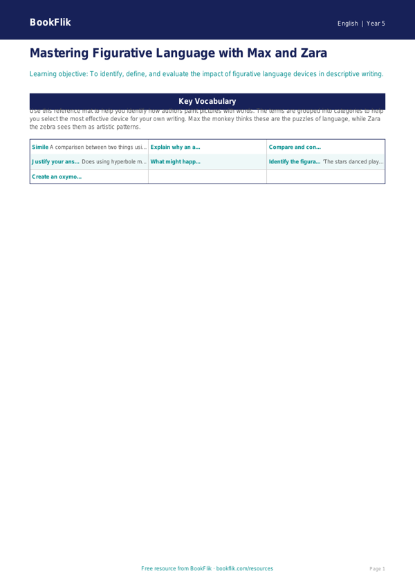 Free Figurative Language Word Mat | Year 5 Greater Depth | BookFlik worksheet preview — English Figurative Language