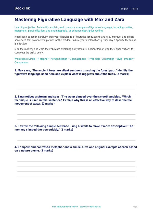 Free Figurative Language Worksheet | Year 5 Greater Depth | BookFlik worksheet preview — English Figurative Language