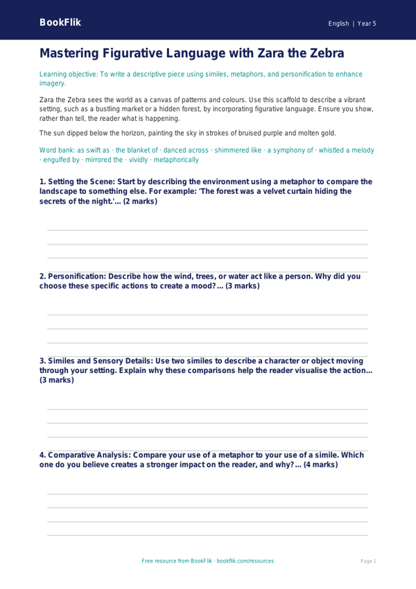 Free Figurative Language Writing Frame | Year 5 Greater Depth | BookFlik worksheet preview — English Figurative Language
