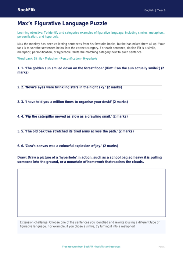 Free Figurative Language Activity Sheet | Year 6 Core | BookFlik worksheet preview — English Figurative Language