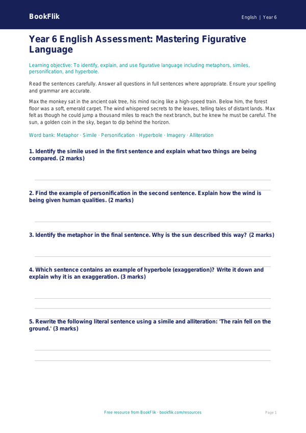 Free Figurative Language Assessment | Year 6 Core | BookFlik worksheet preview — English Figurative Language