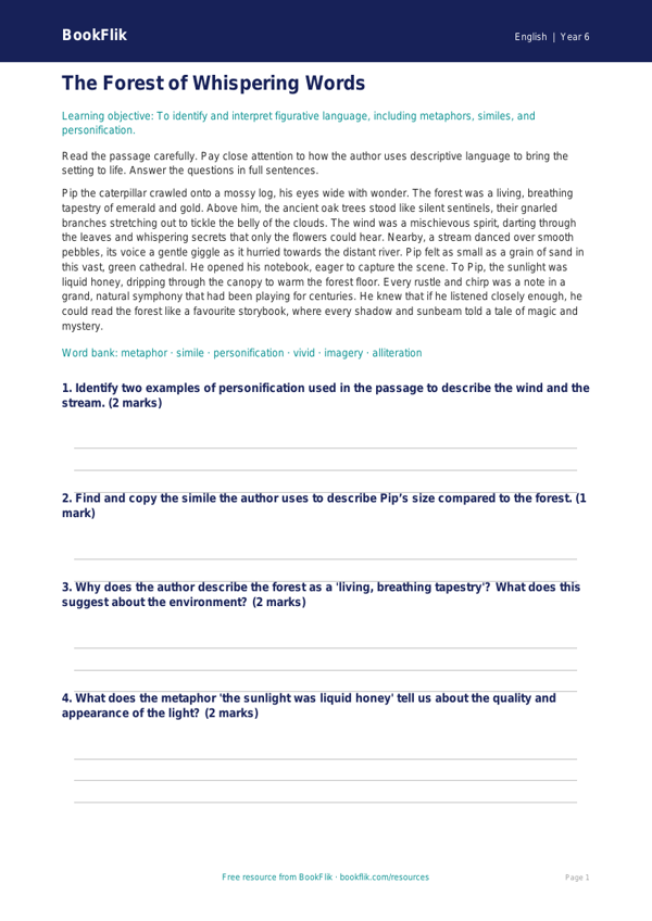 Free Figurative Language Comprehension | Year 6 Core | BookFlik worksheet preview — English Figurative Language