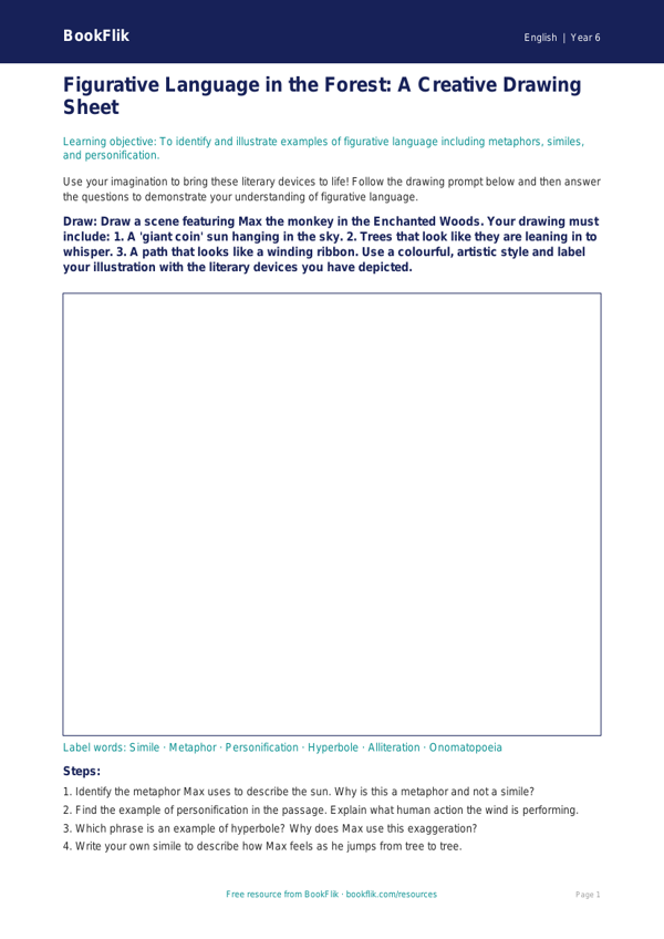 Free Figurative Language Drawing Sheet | Year 6 Core | BookFlik worksheet preview — English Figurative Language
