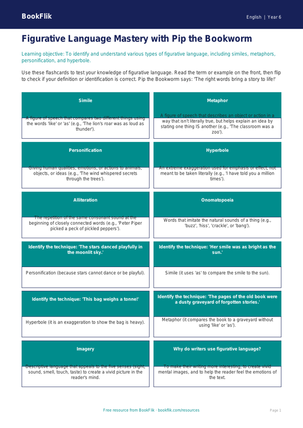 Free Figurative Language Flashcards | Year 6 Core | BookFlik worksheet preview — English Figurative Language