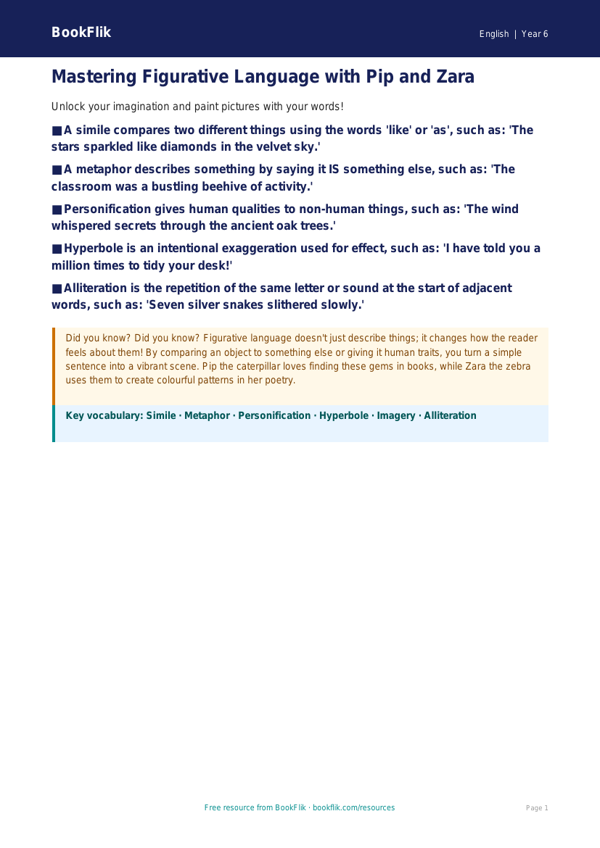 Free Figurative Language Poster | Year 6 Core | BookFlik worksheet preview — English Figurative Language