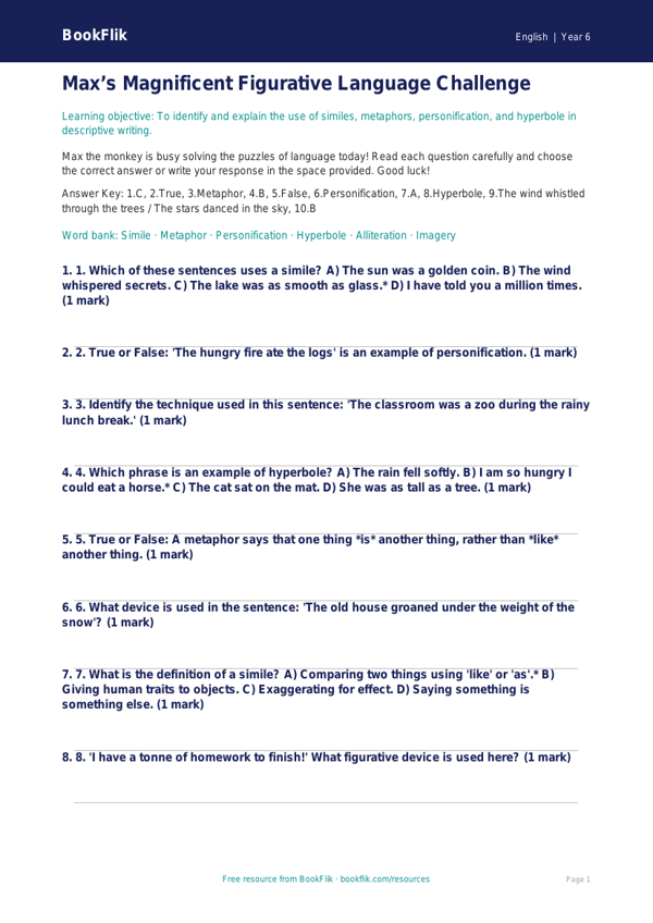 Free Figurative Language Quiz | Year 6 Core | BookFlik worksheet preview — English Figurative Language