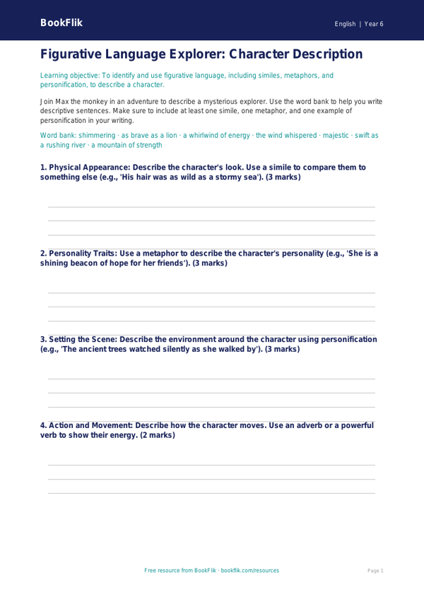 Free Figurative Language Template | Year 6 Core | BookFlik worksheet preview — English Figurative Language