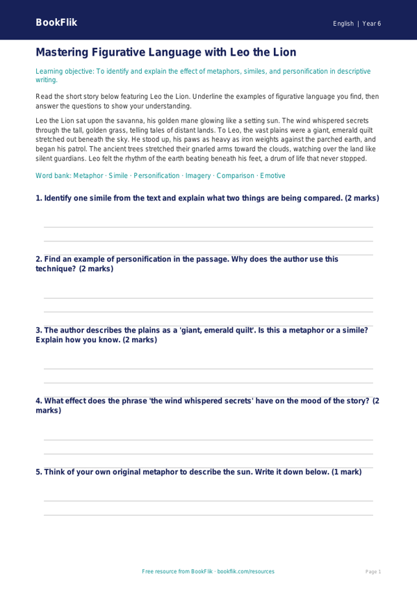 Free Figurative Language Track Sheet | Year 6 Core | BookFlik worksheet preview — English Figurative Language