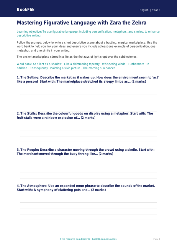 Free Figurative Language Writing Frame | Year 6 Core | BookFlik worksheet preview — English Figurative Language