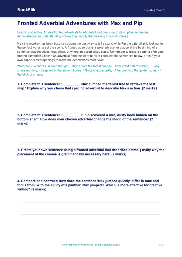 Free Fronted Adverbials Activity Sheet | Year 5 Greater Depth | BookFlik worksheet preview — English Fronted Adverbials