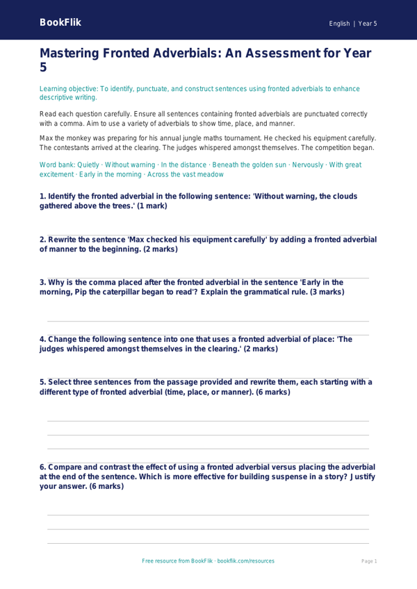 Free Fronted Adverbials Assessment | Year 5 Greater Depth | BookFlik worksheet preview — English Fronted Adverbials