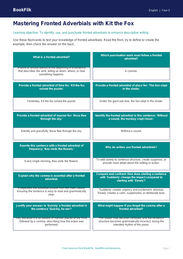 Free Fronted Adverbials Flashcards | Year 5 Greater Depth | BookFlik worksheet preview — English Fronted Adverbials