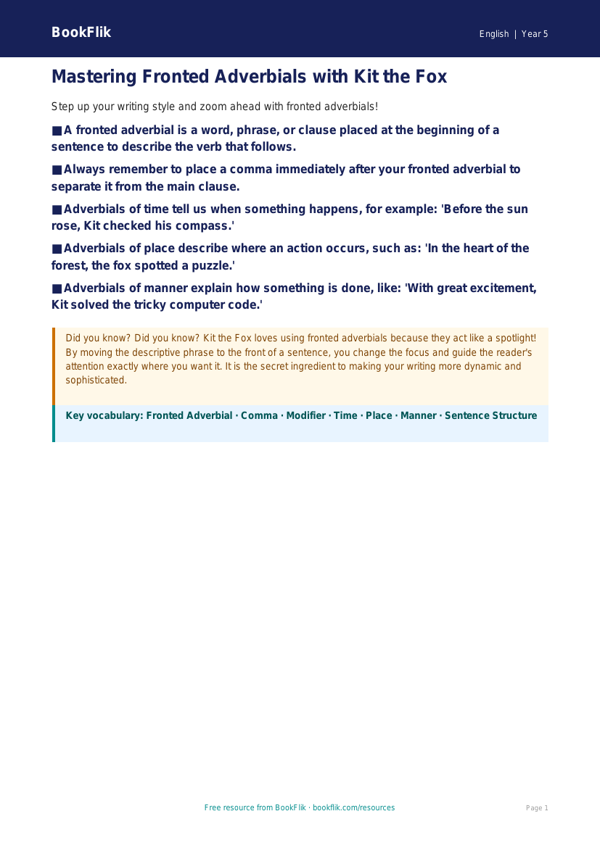 Free Fronted Adverbials Poster | Year 5 Greater Depth | BookFlik worksheet preview — English Fronted Adverbials