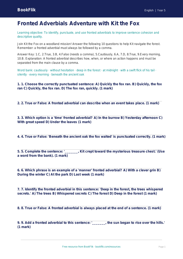 Free Fronted Adverbials Quiz | Year 5 Greater Depth | BookFlik worksheet preview — English Fronted Adverbials