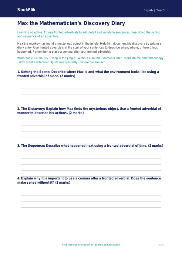 Free Fronted Adverbials Template | Year 5 Greater Depth | BookFlik worksheet preview — English Fronted Adverbials