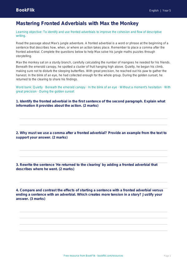 Free Fronted Adverbials Track Sheet | Year 5 Greater Depth | BookFlik worksheet preview — English Fronted Adverbials