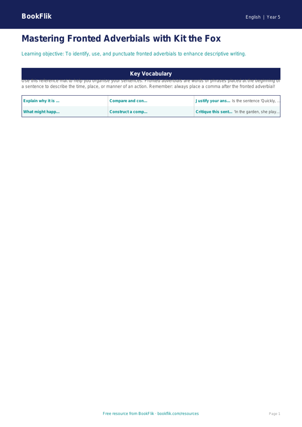 Free Fronted Adverbials Word Mat | Year 5 Greater Depth | BookFlik worksheet preview — English Fronted Adverbials