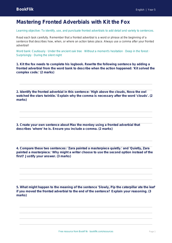 Free Fronted Adverbials Worksheet | Year 5 Greater Depth | BookFlik worksheet preview — English Fronted Adverbials