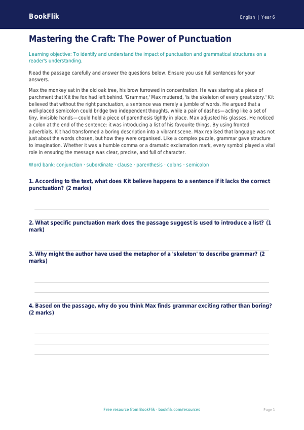 Free Grammar Comprehension | Year 6 Core | BookFlik worksheet preview — English Grammar