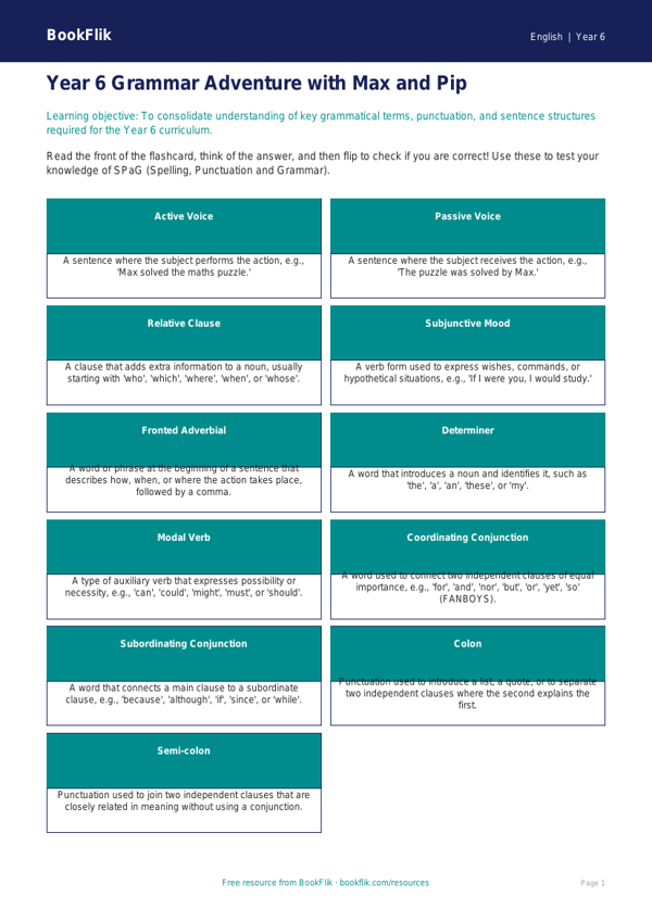 Free Grammar Flashcards | Year 6 Core | BookFlik worksheet preview — English Grammar