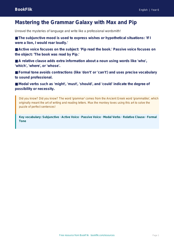 Free Grammar Poster | Year 6 Core | BookFlik worksheet preview — English Grammar
