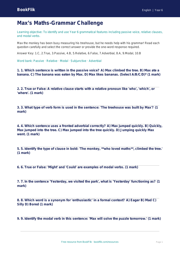 Free Grammar Quiz | Year 6 Core | BookFlik worksheet preview — English Grammar
