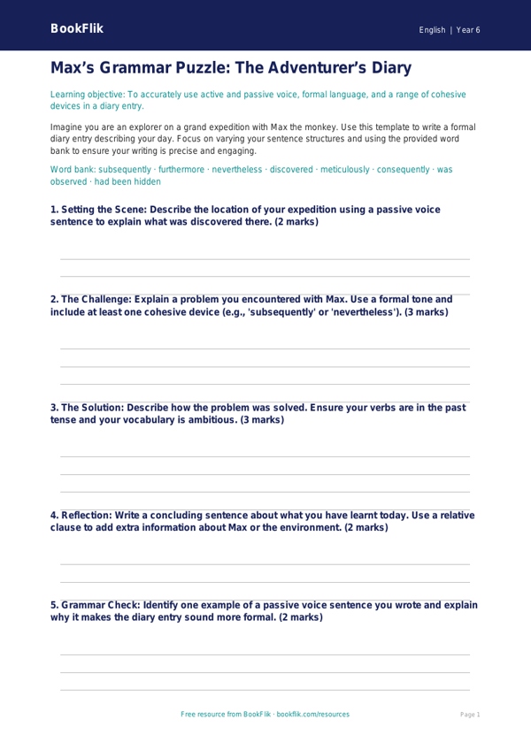 Free Grammar Template | Year 6 Core | BookFlik worksheet preview — English Grammar