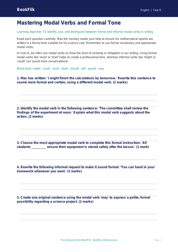 Free Grammar Worksheet | Year 6 Core | BookFlik worksheet preview — English Grammar