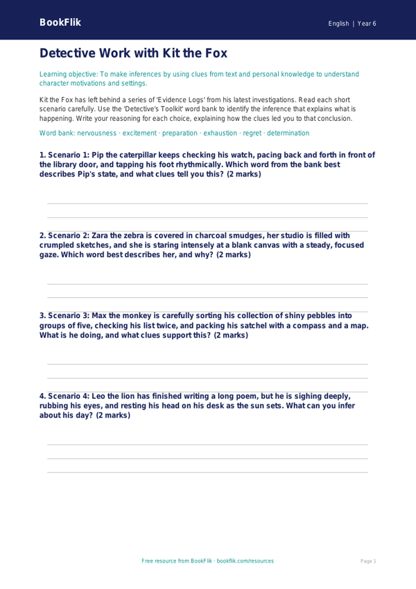 Free Inference Activity Sheet | Year 6 Core | BookFlik worksheet preview — English Inference