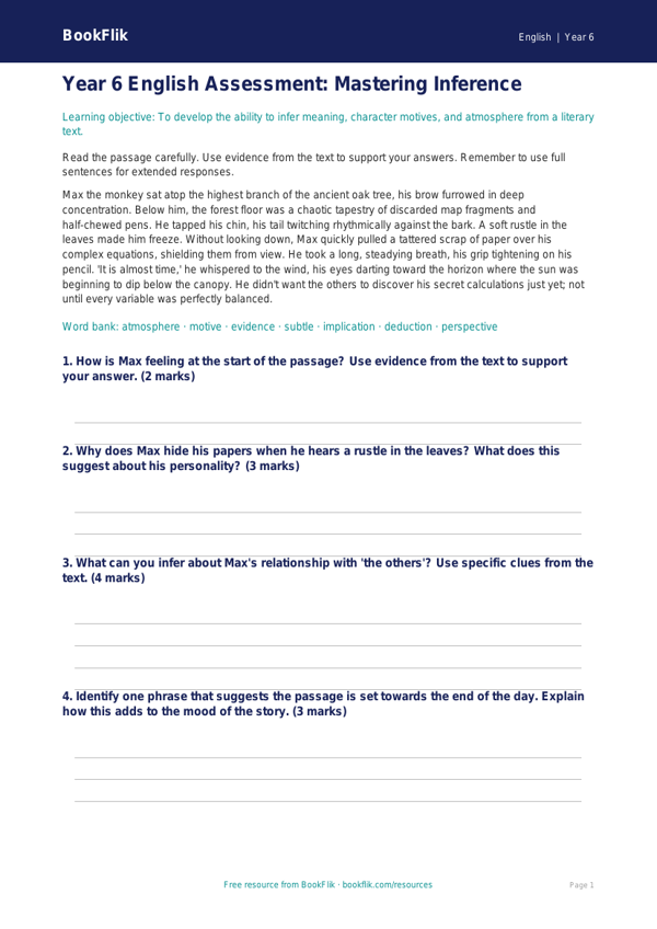 Free Inference Assessment | Year 6 Core | BookFlik worksheet preview — English Inference