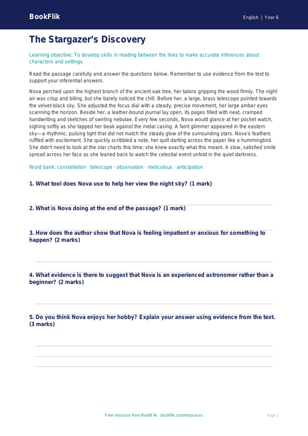 Free Inference Comprehension Worksheet | Year 6 Core | BookFlik worksheet preview — English Inference