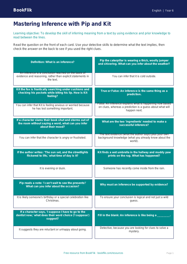 Free Inference Flashcards | Year 6 Core | BookFlik worksheet preview — English Inference