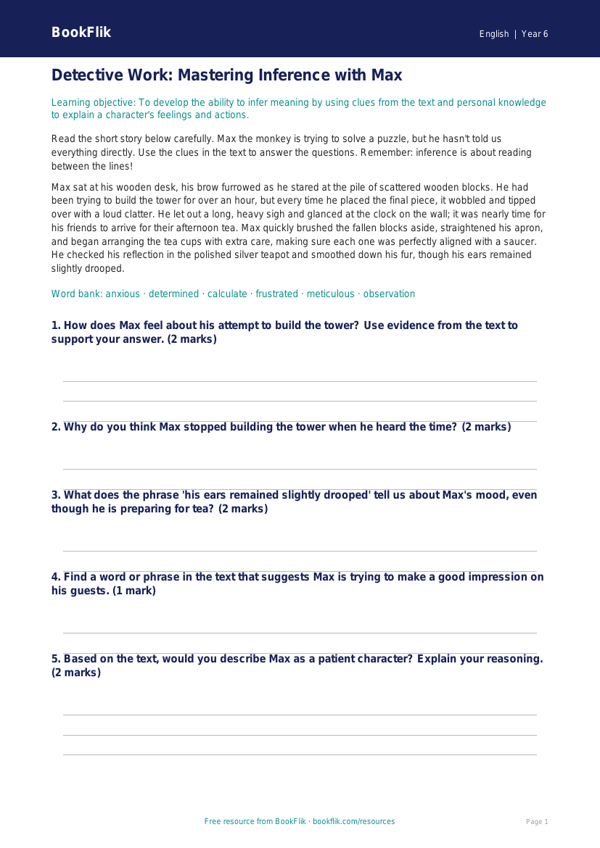 Free Inference Track Sheet | Year 6 Core | BookFlik worksheet preview — English Inference