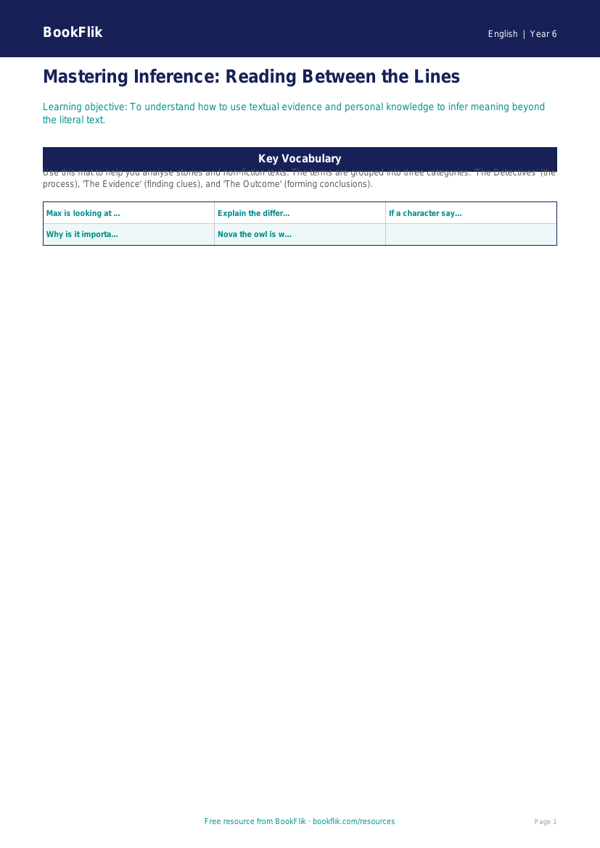 Free Inference Word Mat | Year 6 Core | BookFlik worksheet preview — English Inference